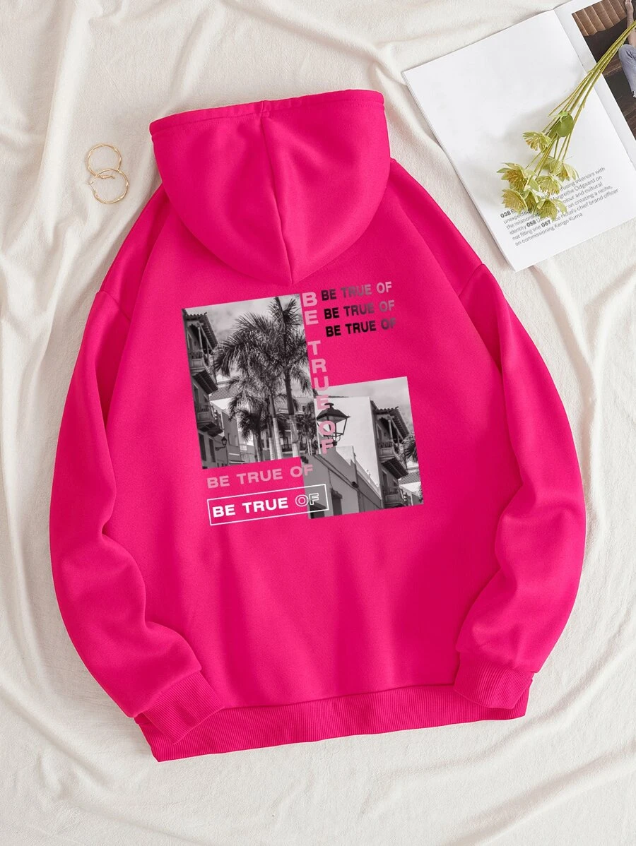 INAWLY Sculpture & Letter Graphic Thermal Lined Drawstring Hoodie Graduation,Back To School Outfits,Graduation,Teacher Outfits For Women,Back To School Pullover Fall Outfit - Hot Pink - View 1