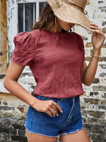 SHEIN VCAY Textured Solid Puff Sleeve Blouse - Watermelon Pink - View 5