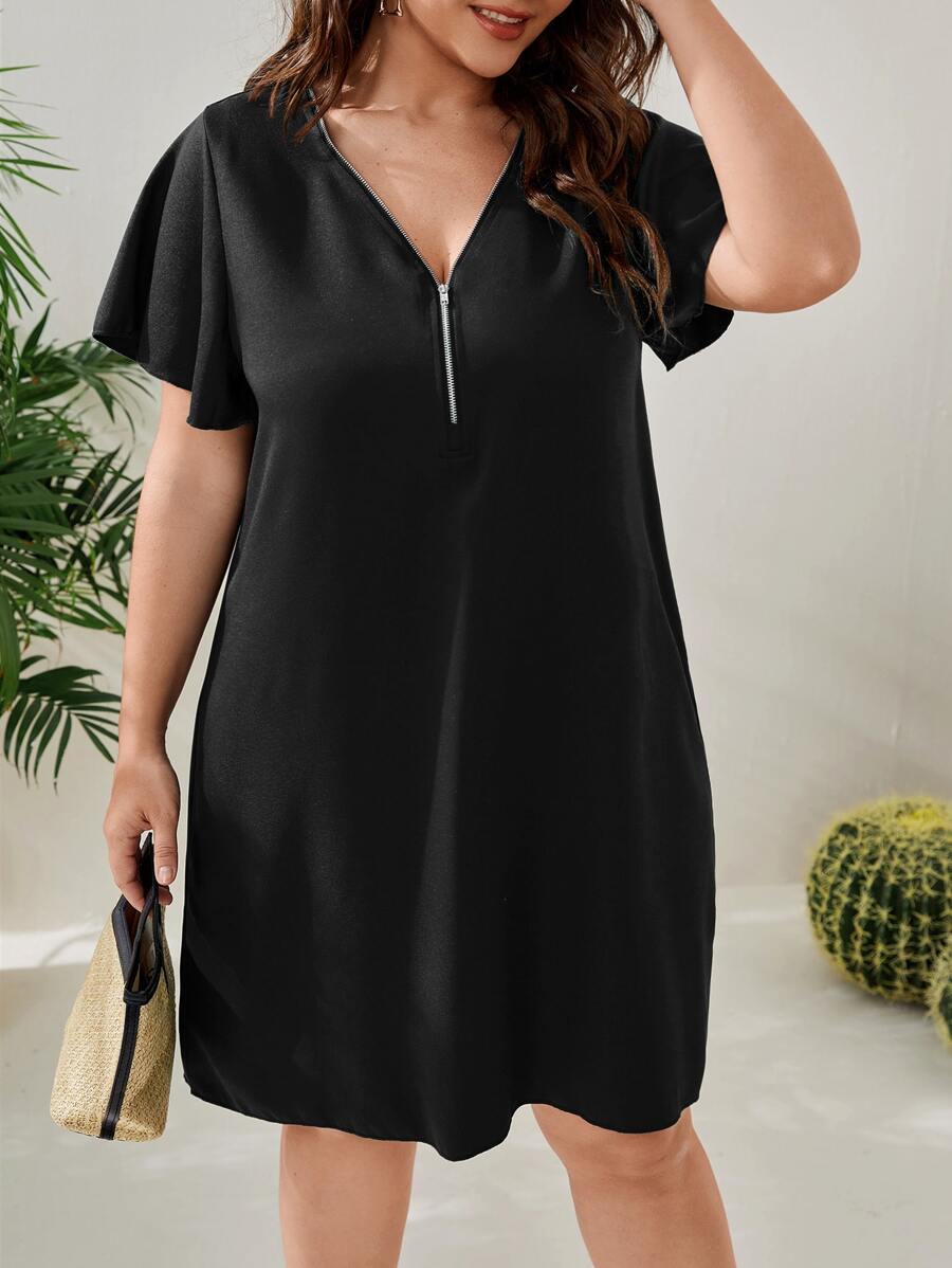 SHEIN LUNE Đầm Plus Size Dây kéo màu trơn Giải trí - màu đen - Xem 1