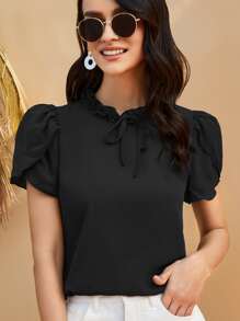 SHEIN Clasi Tie Neck Petal Sleeve Blouse - Black - View 5