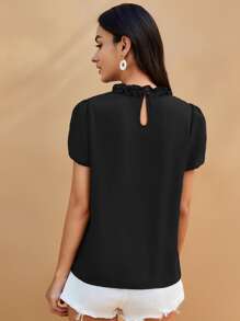 SHEIN Clasi Tie Neck Petal Sleeve Blouse - Black - View 2
