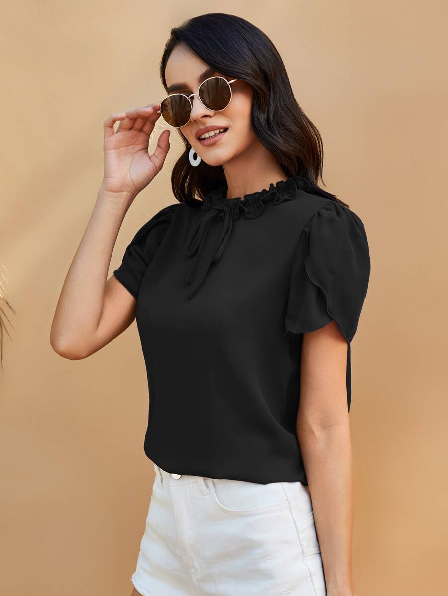 SHEIN Clasi Tie Neck Petal Sleeve Blouse - Black - View 1