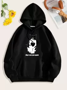 SHEIN EZwear Cat And Slogan Graphic Kangaroo Pocket Drawstring Thermal Hoodie - Black - View 1