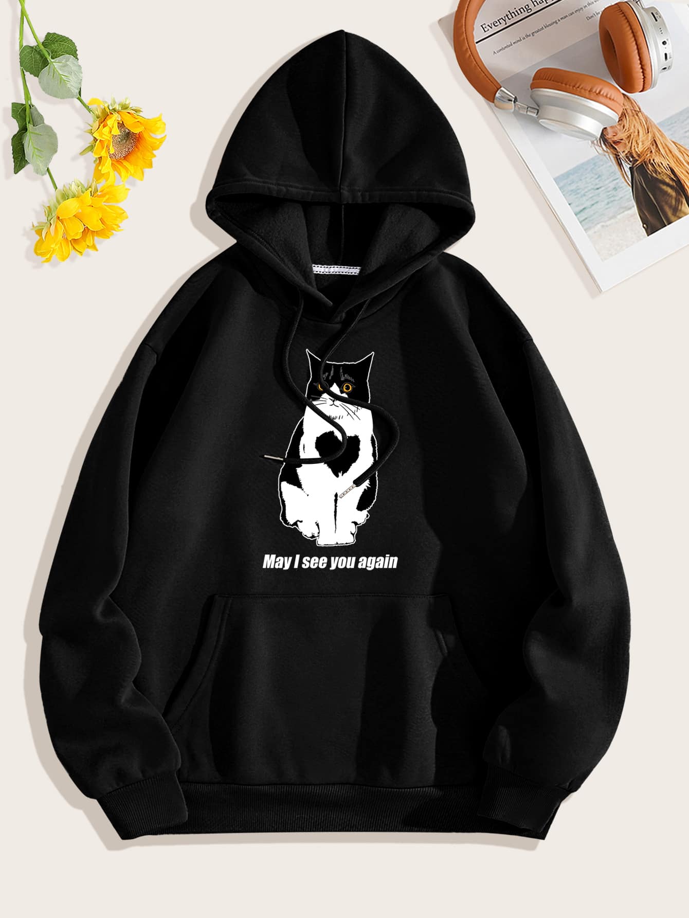 SHEIN EZwear Cat And Slogan Graphic Kangaroo Pocket Drawstring Thermal Hoodie - Black - View 1