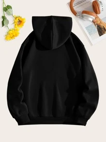 SHEIN EZwear Cat And Slogan Graphic Kangaroo Pocket Drawstring Thermal Hoodie - Black - View 2