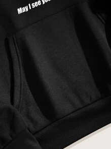 SHEIN EZwear Cat And Slogan Graphic Kangaroo Pocket Drawstring Thermal Hoodie - Black - View 4