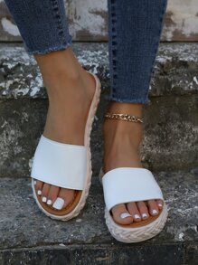 Minimalistische Flache Hausschuhe für Frauen im Freien, Single Band Kunstleder Sandalen mit offener Zehenpartie