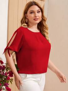 SHEIN Clasi 大碼打結袖口開衩袖素色上衣 - 紅色 - 查看 1