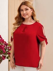 SHEIN Clasi 大碼打結袖口開衩袖素色上衣 - 紅色 - 查看 3