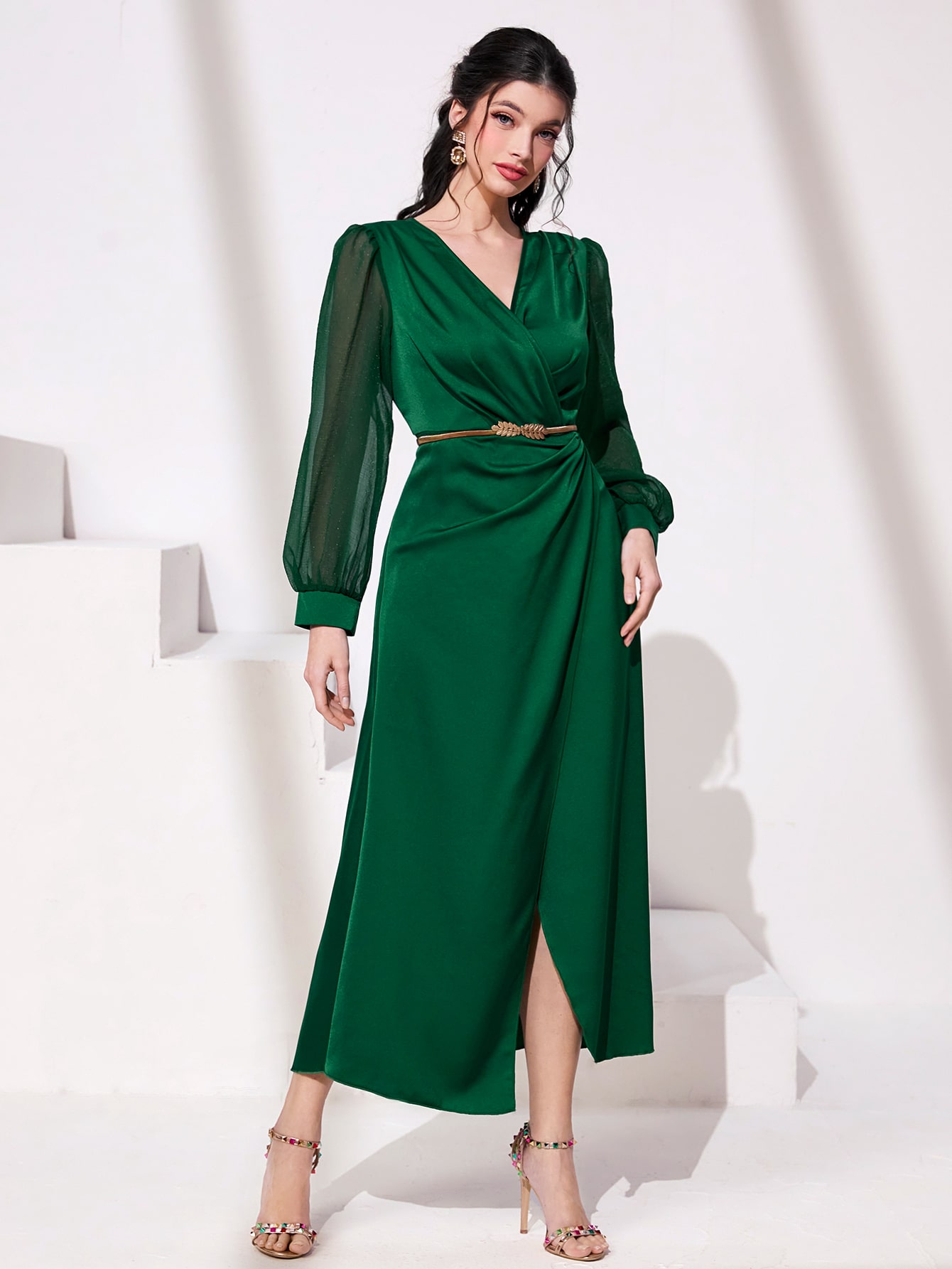 SHEIN Modely Contrast Mesh Lantern Sleeve Wrap Hem Dress Without Belt