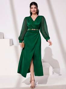 Modelyn Contrast Mesh Lantern Sleeve Wrap Hem Dress Without Belt - Dark Green - View 4