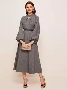 Modelyn Twist Detail Lantern Sleeve Linen Look Dress Without Belt - Grey - View 1