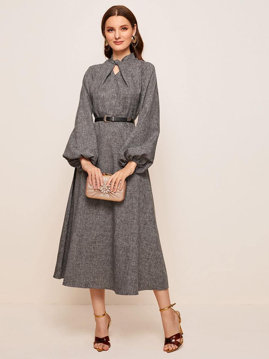 Modelyn Twist Detail Lantern Sleeve Linen Look Dress Without Belt - Grey - View 1