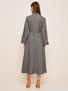 Modelyn Twist Detail Lantern Sleeve Linen Look Dress Without Belt - Grey - View 2