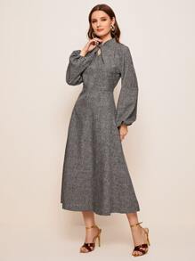 Modelyn Twist Detail Lantern Sleeve Linen Look Dress Without Belt - Grey - View 3