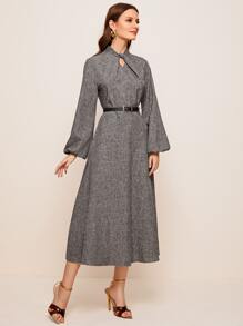 Modelyn Twist Detail Lantern Sleeve Linen Look Dress Without Belt - Grey - View 4