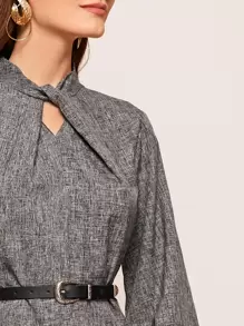 Modelyn Twist Detail Lantern Sleeve Linen Look Dress Without Belt - Grey - View 5