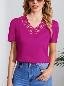 SHEIN Clasi Solid Scallop Trim Cut Out Blouse - Red Violet - View 1