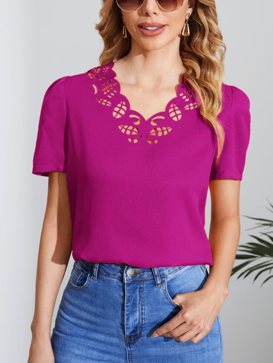 SHEIN Clasi Solid Scallop Trim Cut Out Blouse - Red Violet - View 1