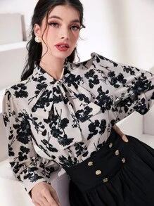 Mulvari 印花繫帶領燈籠袖襯衫 - 杏色 - 查看 4