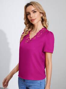 SHEIN Clasi Solid Scallop Trim Cut Out Blouse - Red Violet - View 3