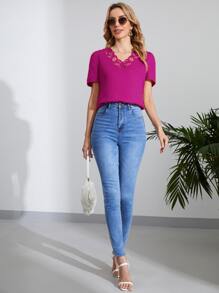 SHEIN Clasi Solid Scallop Trim Cut Out Blouse - Red Violet - View 4