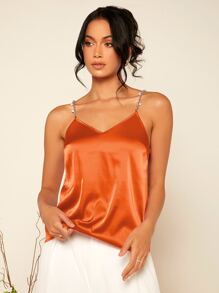 SHEIN BAE Chain Strap Pearls Detail Satin Cami Top - Orange - View 3