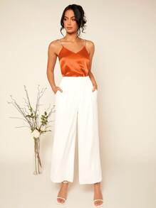 SHEIN BAE Chain Strap Pearls Detail Satin Cami Top - Orange - View 4