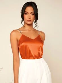 SHEIN BAE Chain Strap Pearls Detail Satin Cami Top - Orange - View 5