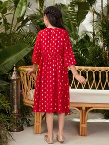 女孩圓點和花卉印花洋裝 - 紅色 - 查看 2