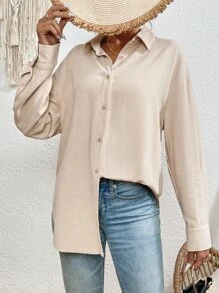 SHEIN Frenchy 素色落肩袖前紐扣襯衫 - 杏色 - 查看 6