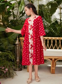 女孩圓點和花卉印花洋裝 - 紅色 - 查看 3