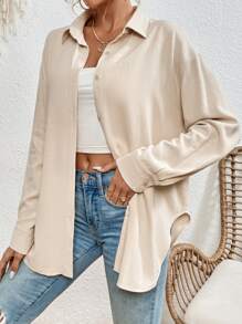 SHEIN Frenchy 素色落肩袖前紐扣襯衫 - 杏色 - 查看 1