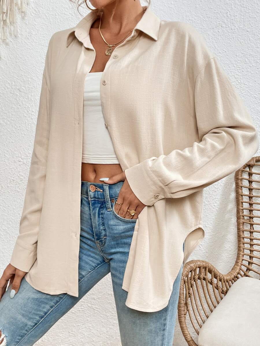 SHEIN Frenchy 素色落肩袖前紐扣襯衫 - 杏色 - 查看 1