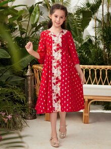 女孩圓點和花卉印花洋裝 - 紅色 - 查看 4