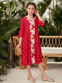 女孩圓點和花卉印花洋裝 - 紅色 - 查看 5