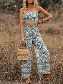 SHEIN VCAY Bộ đồ hai mảnh nữ Họa tiết khăn Boho - màu xanh lá - Xem 4