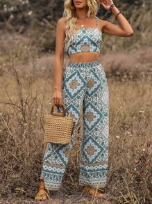 SHEIN VCAY Bộ đồ hai mảnh nữ Họa tiết khăn Boho - màu xanh lá - Xem 6