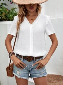 SHEIN LUNE Solid Guipure Lace Trim Blouse - White - View 5