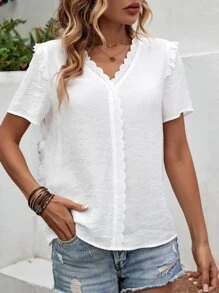 SHEIN LUNE Solid Guipure Lace Trim Blouse - White - View 6