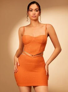 SHEIN BAE Solid Crop Cami Top & Bodycon Skirt - Orange - View 7