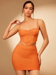 SHEIN BAE Solid Crop Cami Top & Bodycon Skirt - Orange - View 8