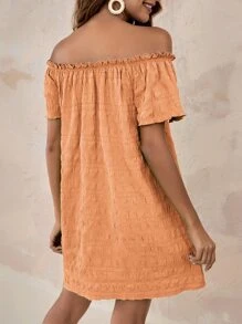 SHEIN VCAY Frilled Off Shoulder Tunic Dress,Pastel Dresses For Women - Orange - View 2