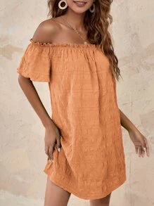 SHEIN VCAY Frilled Off Shoulder Tunic Dress,Pastel Dresses For Women - Orange - View 4