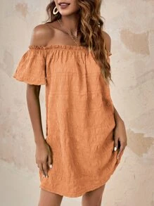 SHEIN VCAY Frilled Off Shoulder Tunic Dress,Pastel Dresses For Women - Orange - View 5