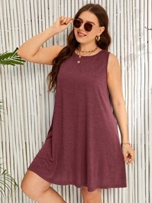 SHEIN LUNE Plus Solid Tank Dress - Redwood - View 3