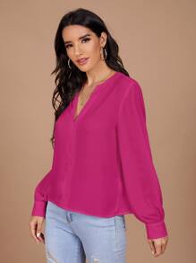 SHEIN Clasi 紐扣細節袖口缺口領上衣 - 玫紅色 - 查看 5