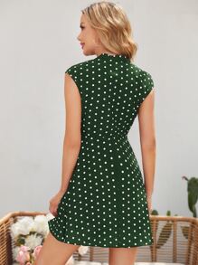 SHEIN Clasi 繫帶領波卡圓點連衣裙 - 墨綠色 - 查看 2