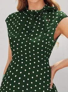 SHEIN Clasi 繫帶領波卡圓點連衣裙 - 墨綠色 - 查看 5
