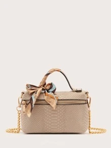 1pc Snake-Printed Solid Color Simple Small Handbag With Silk Scarf, Suitable For Daily Use - Apricot - View 2